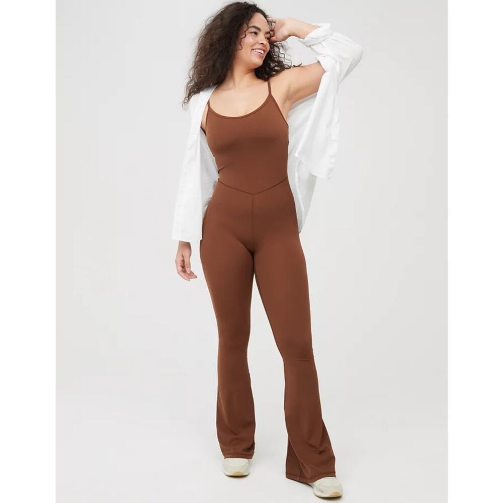 Offline By Aerie Women's Real Me Xtra Flare Jumpsuit, Size S, In Brown, Slimming